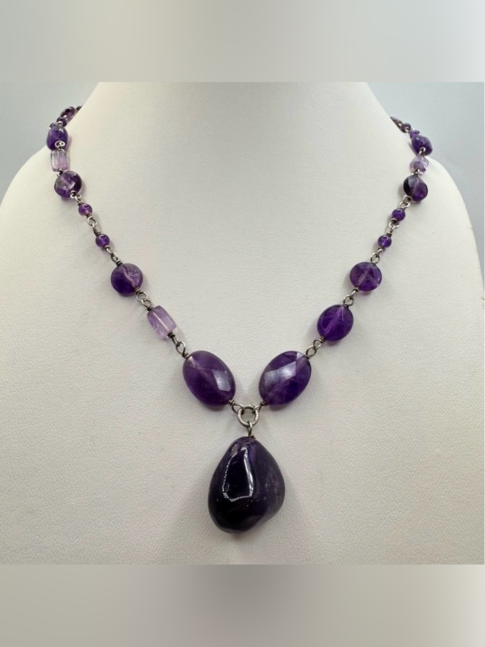 Sterling Silver Amethyst Gemstone Necklace with Faceted Beads & Drop Pendant